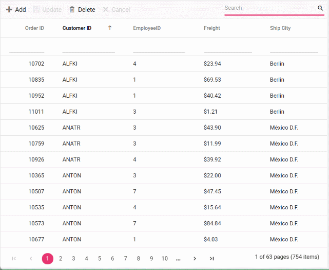 Grid bound with PostgreSQL Server data