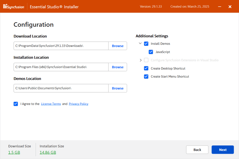 Configuration wizard with download, install, and demos locations