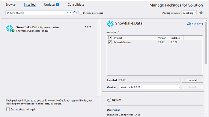 Add the NuGet package "Snowflake.Data" to the project