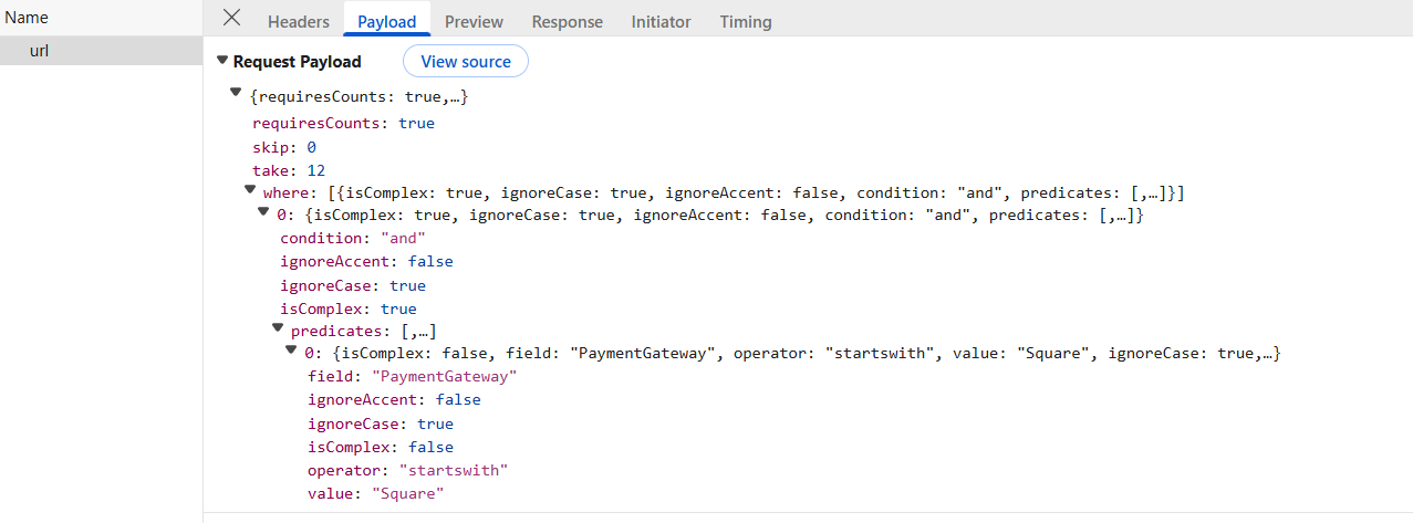Filtering Operation Payload