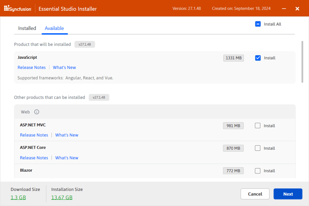 Available products list in installer