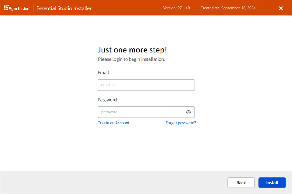 Login screen for Syncfusion account