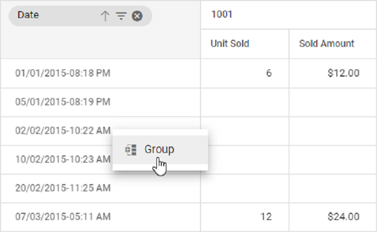 Context-menu options for date grouping
