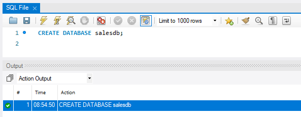 salesdb database listed in the MySQL Workbench Schemas panel