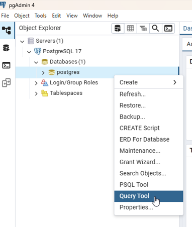 PgAdmin Query Tool Interface
