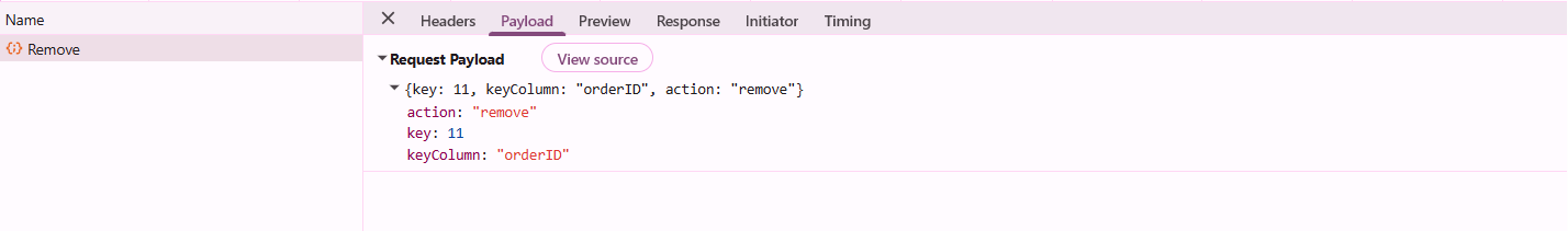 Delete request payload for a Pivot Table record