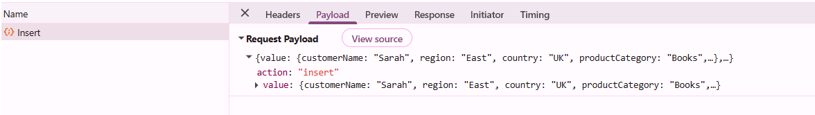 Insert request payload for a new Pivot Table record