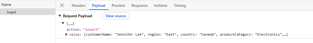 Insert request payload for a new Pivot Table record