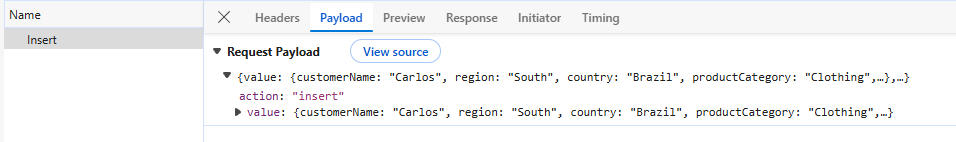 Pivot Table Insert Operation - Add New Record Payload