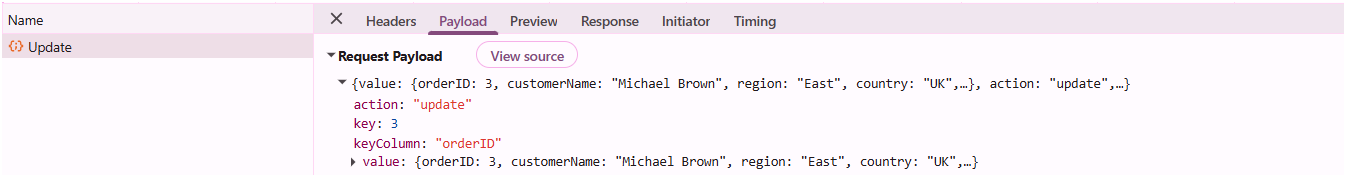 Update request payload for an edited Pivot Table record