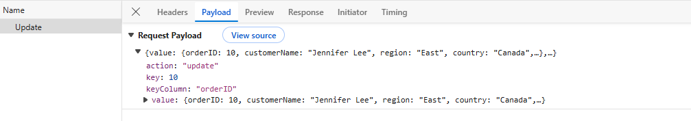 Update request payload for an edited Pivot Table record