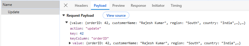 Pivot Table Update Operation - Edit Record Payload