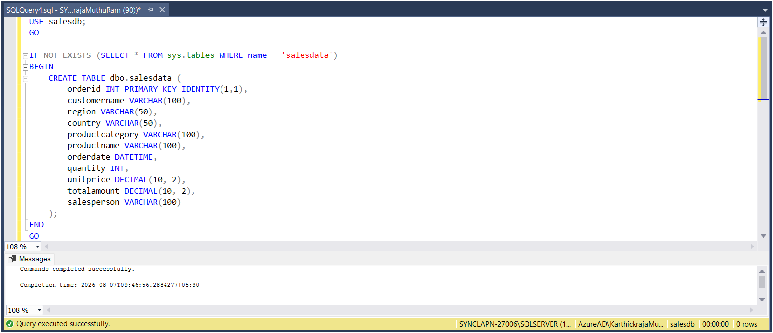 SalesData table created in the salesdb database