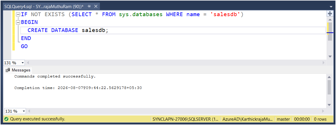 salesdb database listed in SQL Server Management Studio Object Explorer