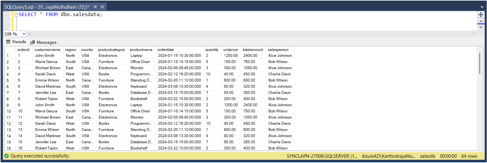 Eight sample sales records displayed in the SQL Server results grid