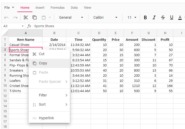 Spreadsheet with notes feature disabled