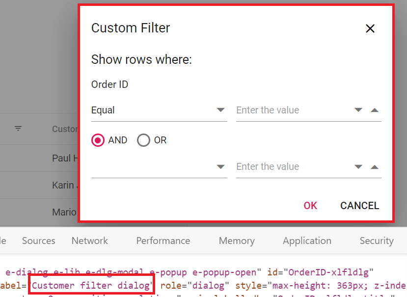 Locale Custom filter dialog ARIA